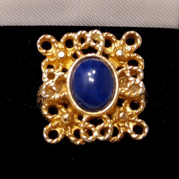 Sarah Coventry Victoria Blue Ring Gold Tone Open Weave Adjustable 1970s - Picture 4 of 10